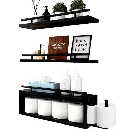 OurWarm Wood Floating Shelves for Wall Set of 3, Black Bathroom Shelves Over Toilet Organizer with...