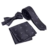 Puede elegir según sus necesidades si desea llevar su corbata o su nudo pajita, con o sin pañuelo. Tenga en cuenta sus calaveras gris antracita que aportan una discreción por un efecto tono sobre tono. La corbata mide 146 cm de largo, la pajarita 12 x 6 cm y el pañuelo reversible 22 x 22 cm. Es un conjunto original y de calidad para poner y quitar en cualquier ocasión.