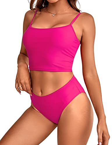 Women High Waisted Tankini Bathing Suit Tummy Control 2 Piece Bikini Crop Top Swimsuits Sports High Cut Rose #TOP27