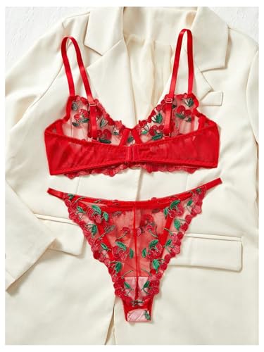 Women's 2 Piece Lingerie Set Babydoll Cherry Sexy Sheer Mesh underwire Bra and Panty Thong Nightwear Sets2