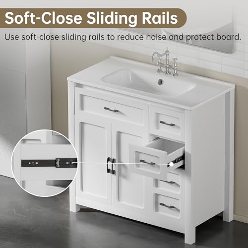 Findepot 30\" Bathroom Vanity with Sink White Modern Bathroom Sink Cabinet Storage Cabinet with 3 Drawers,1 Pull Down Drawer and 2 Door,Freestanding Bathroom Vanities,Soft Closing, Solid Wood Frame