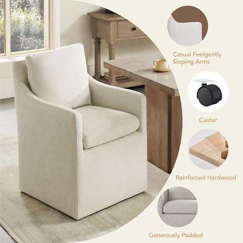 Image of KISLOT Upholstered Dining Chairs with Casters, No Assembly Modern Accent Armchair with Rollers for Dining Room, Bedroom, Living Room, Reading Room, Already Assembled, Beige, 2 Box