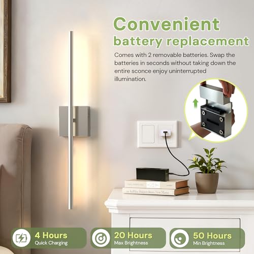 Image of L LOHAS LED 27.7in Peel and Stick on Battery Operated Wall Sconces Set of 2, Magnetic Linear Wall Sconce Easy Install witg Removable Battery, No Drill, Sconces Wall Decor Set of for Livingroom, Nickel