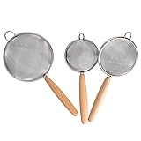 3 Pcs Kitchen Fine Mesh Strainers, Stainless Steel Wire Mesh Oil Strainer Skimmer with Wood Handle, Durable Flour Colander Filter Baking Tool(3 pcs)