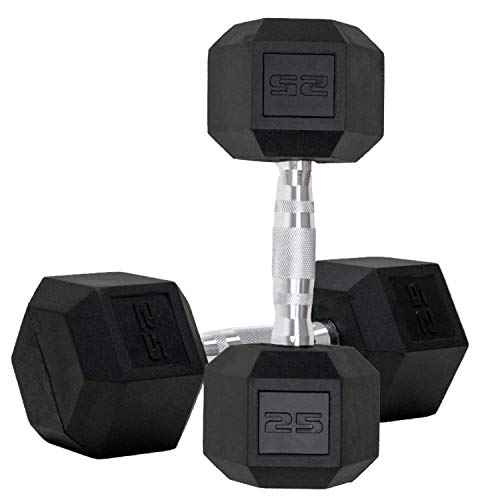 Dumbbells Set of 2 Hex Rubber Encased Dumbbells, Weights Dumbbells Set with Metal Handle for Exercise and Fitness (25 lb, Pair)