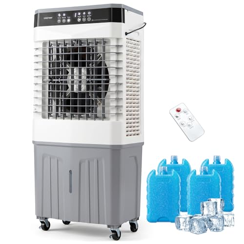 COSTWAY Luftkühler mit Wasserkühlung, mobile Klimaanlage ohne abluftschlauch leise, Kühlventilator mit Wassertank, 12H Timer, 2 Modus, Verdunstungskühler mit Rollen (49 x 31 x 109 cm)