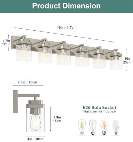 Image of Brushed Nickel Bathroom Light Fixtures, 6 Lights Bathroom Lighting Fixtures Over Mirror, Square Design & Rectangle Large Backplate, Modern Vanity Lighting Fixtures, for Living Room /Bedroom