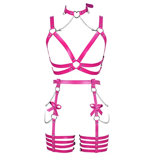 Banssgoth Womens Harness Leather Body Chain Bowknot Lingerie Garter Belts Set Hollow Out Christmas Dance Fashion Clothing (Rose Red) #TOP5