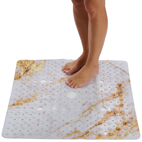 Image of ENKOSI Square Shower Mat 27x27 inch - Anti Slip Shower Stall Floor Mat - Non Slip Shower Mats with Strong Secure Suction Cups and Drain Holes in Middle (27x27 Marble White Gold)