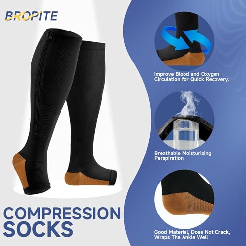 Image of bropite Zipper Compression Socks Women & Men - 2Pairs Calf Knee High 15-20mmHg Open Toe Compression Stocking suit for Walking