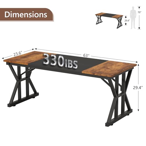 Image of 63 inch Large Computer Desk with Thickened Frame for Home Office, Living Room | Modern Simple Executive Desk, Larger Gaming Desk with X-Shaped ReInchforcement, Rustic Brown /Black