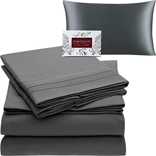 Mellanni Bed Sheet Set + Silk Pillowcase Bundle&Save - Hotel Luxury Bedding Sheets & Pillowcases - Bundle Includes: 4Pcs Bed Sheet Set And 1 Mulberry Silk Pillowcase For Hair And Skin (Queen, Gray) #TOP7