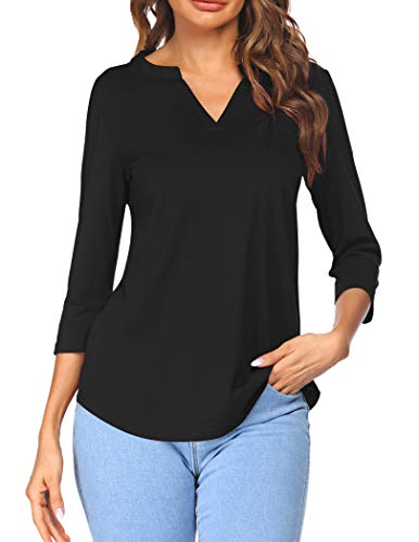 Sherosa Women's 3/4 Sleeve Shirts V Neck Casual Henley Work Tops Blouses2
