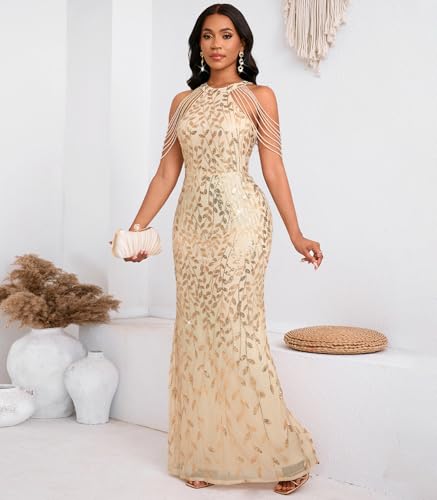 Image of Cololura Women Sexy Elegant Sequin Tassel Off Shoulder Halter Bodycon Maxi Dress Party Evening Gown Formal Dress