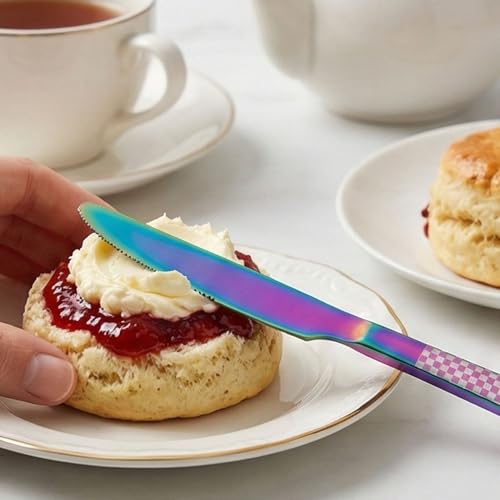 Image of 9 inch Rainbow Steak Knives Set of 5 with Checks Printed Handle ? Durable Stainless Steel Dinner Knife, Mirror Polished Silverware, Perfect for Home, Restaurant, and Gifting