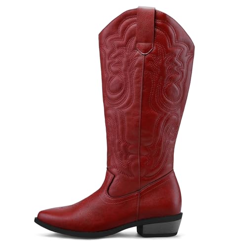 mysoft Women's Wide Calf Cowboy Boots Pull on Cowgirl Embroidered Mid Calf Pointed Toe Chunky Heel Western Boots2