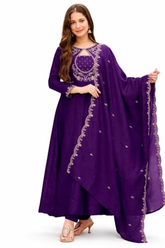 Image of Women's Vichitra Silk Anarkali Kurta Set with Dupatta | Embroidered Kurta Set for Women | Rust Orange Wedding & Festive Ethnic Dress