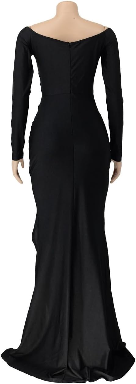 A ADILACA Women's Sexy V-Neck Off Shoulder High Split Formal Party Maxi Dress - Image 5