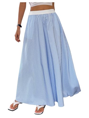 GORGLITTER Women's Striped Ruffle Long Skirt Contrast Trim High Waist Y2k Flowy Skirts