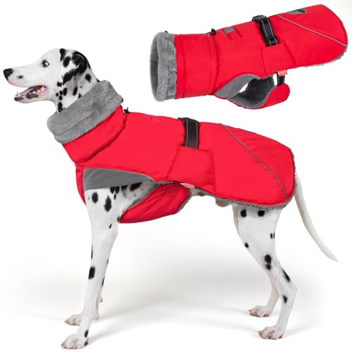 KYEESE Waterproof Dog Coat, Windproof Warm Winter Jacket with Thick Fleece Lined, Cozy Turtleneck Dog Coats for Large Dogs with Leash Hole, Reflective Outdoor Cold Weather Coat, Red, XXX-Large