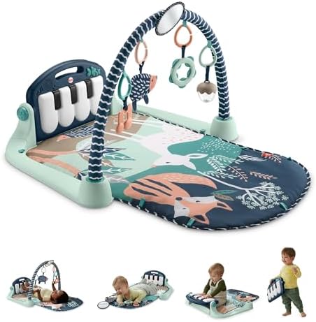 Fisher-Price HKX37 - Erlebnisdecke Spielcenter für Neugeborene mit Klavier-Musikspielzeug und Spielzeuge zum Spielen in der Bauchlage, marineblaues Kitz [nur bei Amazon], Babyspielzeug ab der Geburt