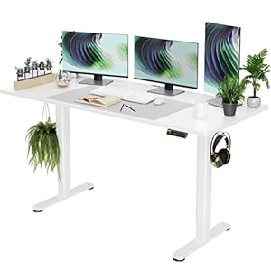 Electric Standing Desk, Adjustable Height Stand up Desk, 63×24 Inches Sit Stand Home Office Desk with Splice Board, White Frame/White Top