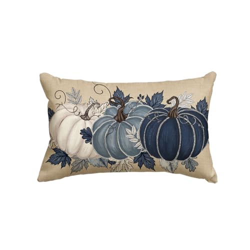 AVOIN colorlife Fall Pumpkin Leaves Blue Pillow Cover 12 x 20 Inch Seasonal Thanksgiving Harvest Cushion Case Decoration for Sofa Couch