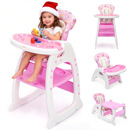 Image of SANDINRAYLI High Chair, Convertible Highchairs for Babies and Toddlers, Easy Clean Baby High Chair, 3 in 1 Feeding Chair for Eating, Adjustable Infant Chair for Toddlers 1-3, Baby Food Chair, Pink