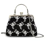 Abuyall Women's Top-handle Handbags Black Small Floral Top Handle Handbag Chain Strap Women Kiss Lock Canvas Frame Shoulder Bag Gold-lace