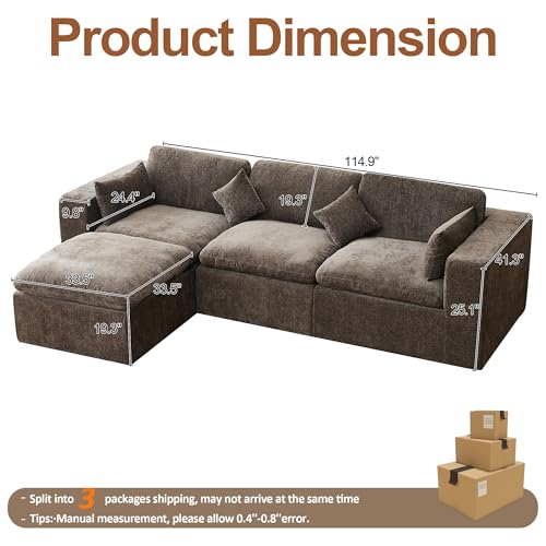 Image of 115''Cloud Boneless Sectional Couch, Modular Sectional Sofa Deep Seat with Ottoman, Oversized Upholstered Convertible Comfy 4 Seater Chenille Sofa L Shape Couches for Living Room, Brown