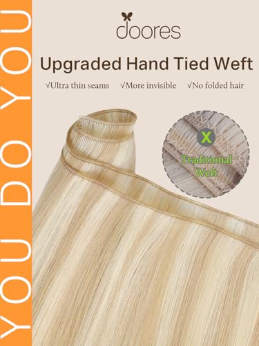 Image of DOORES Weft Hair Extensions for Women, 20 Inch Dark Blonde Highlighted Bleach Blonde 60g, Sew in Genius Extensions for Women Virgin Hair