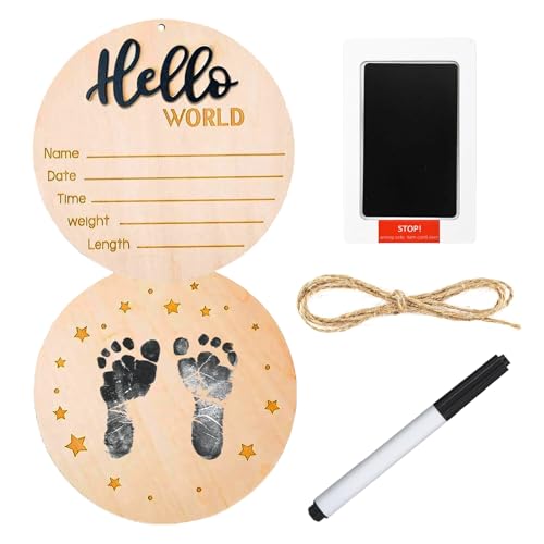 Image of Baby Announcement Sign, Hello World Newborn Sign, 5.9 Inch Wooden Name Birth Signs, Welcome New Born Boy Girl Signs Board for Hospital, Nursery, Shower, Photo Prop Decor (Black)