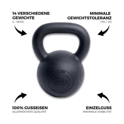 SUPRFIT Econ Kettlebells - Pulverbeschichtete Kugelhantel aus Gusseisen für Kraft- & Crosstraining - Ideal zum Reißen, Stoßen & Drücken, Perfekt als Kettlebell Set, Gewicht: 4-48kg, Schwarz lackiert – Bild 4