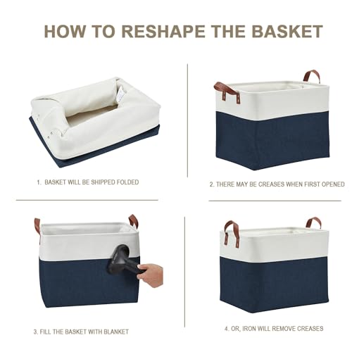 Image of DECOMOMO Large Storage Baskets | Closet Storage Bins 17x12x13inch Canvas Baskets For Storage Laundry Nursery Toys Cloth Linen (Navy Blue & White , XXL - 3 Pack)