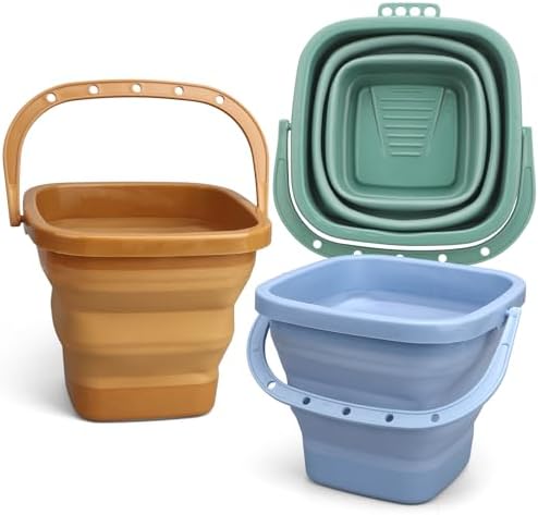 3PCS 3L Collapsible Bucket Sandbox Kit Castle Mold Building Snow Toys for Kids, Foldable Beach Bucket Sand Pail for Garden Planting, Beach Essential Travel Summer Toys, Househould Cleaner Bucket