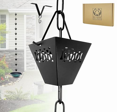 U-nitt Rain Chain Water Collection for Gutters, Rainwater Catcher & Diverter, 8.5 FT Chains for Outside Garden, Black Square Cups, Roof Downspout, Works with Heavy Rain, w/Gutter Clip for Rainchains