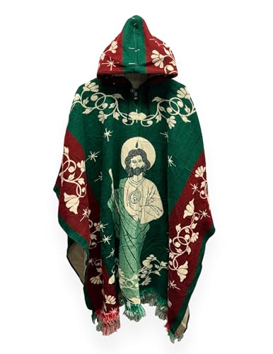 St. Jude Alpaca Green Wool Poncho Cape Shawl Blanket San Judas Tadeo Zarape Gaban Unisex Indigenous Handmade Christian Catholic Gift Sweater