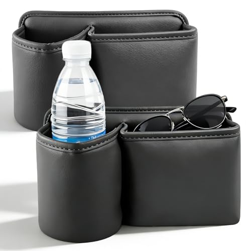 2 Porte Gobelet Voiture avec Organisateur Voiture Noir en Cuir avec 2 Clips à Fixer sur la Portière et Le Dossier du Siège Espace pour Mobiles Clés Gobelets etc Porte Gobelet Universel