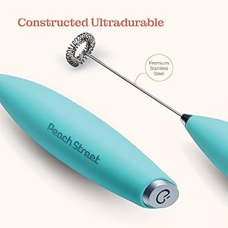 Powerful Handheld Milk Frother, Mini Milk Foamer, Battery Operated (Not included) Stainless Steel Drink Mixer with Frother Stand for Coffee, Lattes, Cappuccino, Frappe, Matcha, Hot Chocolate. (Aqua)