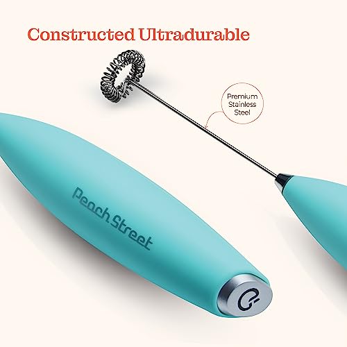Powerful Handheld Milk Frother, Mini Milk Foamer, Battery Operated (Not included) Stainless Steel Drink Mixer with Frother Stand for Coffee, Lattes, Cappuccino, Frappe, Matcha, Hot Chocolate. (Aqua)