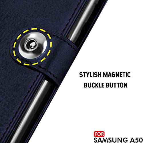 Image of TheGiftKart Genuine Leather Finish Flip Cover for Samsung Galaxy A50s / A50 / A30s | Inside Pockets & Inbuilt Stand | Wallet Style Back Case | Designer Button Magnet Closure (Blue)