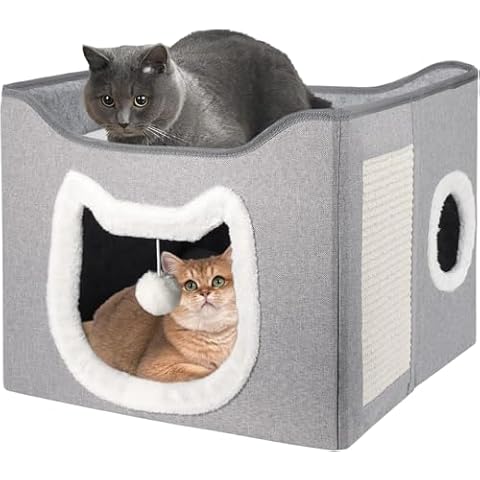 Cat House for Indoor Cats - Covered Cat Bed Cave with Fluffy Ball ad Scratch Pad, Foldable Cat Hideaway, Large Enclosed Cat House Bed, Cat Condos, Grey Cover