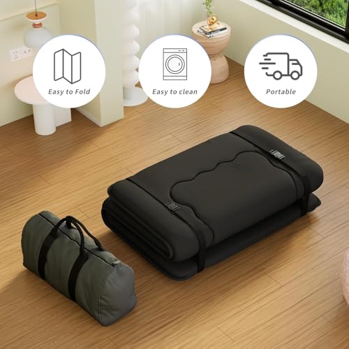 Japanese Futon Mattress, Foldable Tatami Mat Portable Dormitory Sleeping Pad with Bag & Strap, Floor Mattress Thicken Sleeping Mattress Roll up Camping Mattress (Black WS1, 39\" X80\")