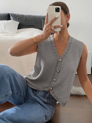 EARKOHA Womens Sleeveless Top Women's Solid Color Single Breasted V-Neck Casual Knit Vest3