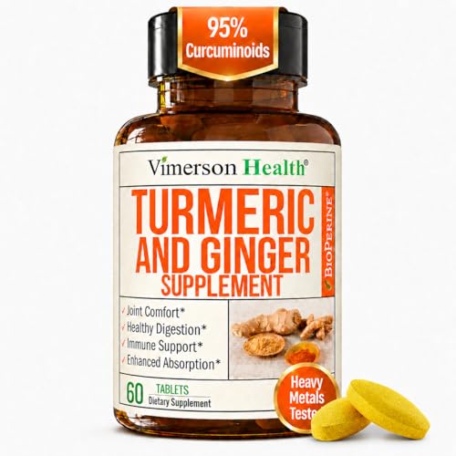 Turmeric and Ginger Supplement with Black Pepper for Joint Support, Digestive & Gut Health - Contains Organic Turmeric with Ginger Root Supplement and BioPerine for Enhanced Absorption - 60 Tablets