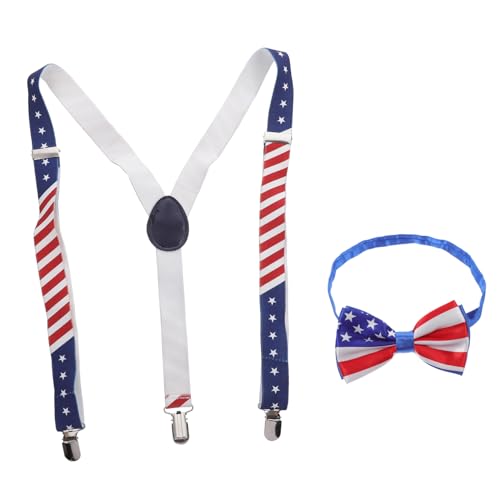 Veemoon Patriotic Bow Tie Set Suspender Clip Fashion Bowtie and Strap Clip Set for Men and Women