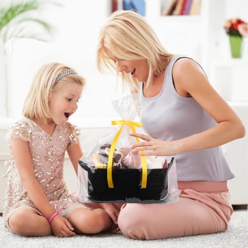 Image of OIAHOMY Woven Basket, Gift Basket Empty with Gift Bags and Ribbons, Rope Baskets for Baby Showers, Storage Baskets with Handles for Nursery, Pet Toy Organizer- Black