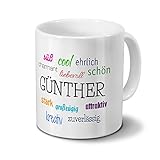 Tasse mit Namen Günther - Motiv Positive Eigenschaften - Namenstasse, Kaffeebecher, Mug, Becher, Kaffeetasse - Farbe Weiß
