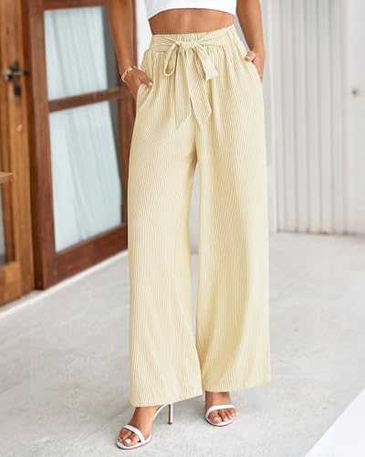 Image of BTFBM Pants for Women 2026 Spring Clothes Striped High Waist Tie Knot Dressy Casual Wide Leg Palazzo Work Trousers Pants