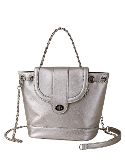 Silver Metallic Convertible Backpack Purse for Women, Chain Strap Bucket Bag, Stylish Crossbody Handbag-image-35